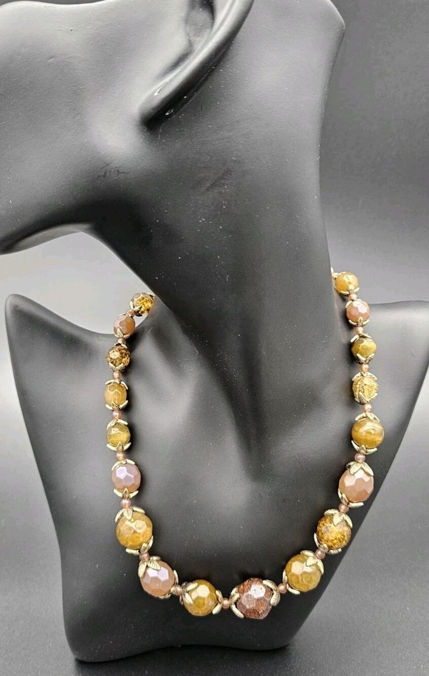 Vintage Minet Amber Faceted Bead Necklace with Gold Leaf Caps